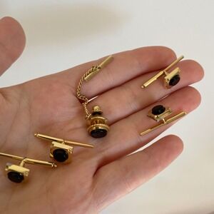 Pierre Cardin Tie Tack Set w/ Cufflinks, Gold Plated with Black Onyx, Mens